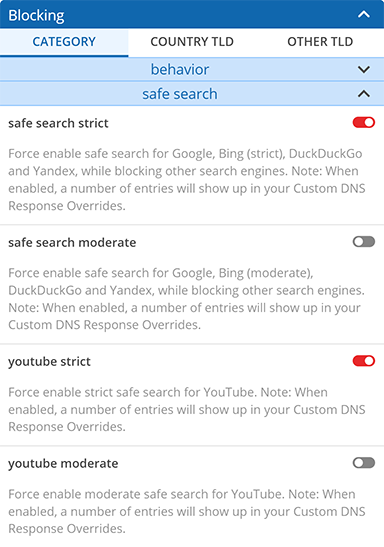 Screenshot showing settings for enabling or disabling Safe Search