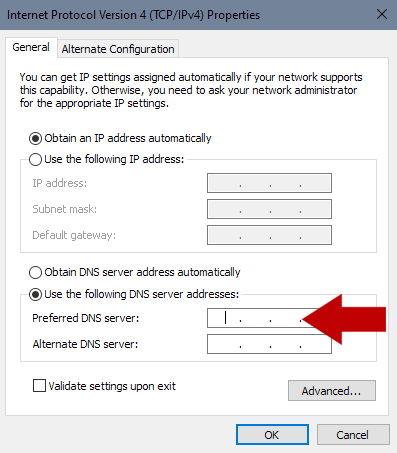 Screenshot showing how to get to Windows 10 DNS settings Screenshot showing how to get to Windows 10 DNS settings